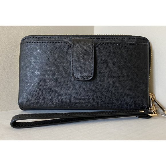 New Michael Kors Jet Set Travel Zip Around Phone Holder Wallet Black with Gold - Picture 4 of 7